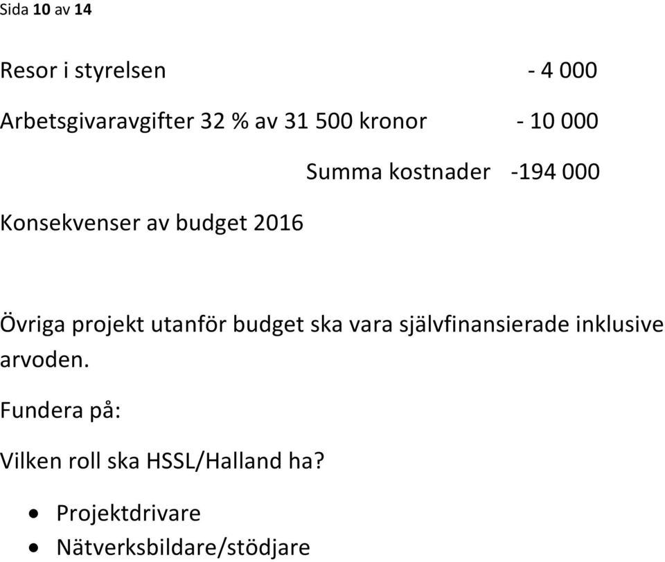 projekt utanför budget ska vara självfinansierade inklusive arvoden.