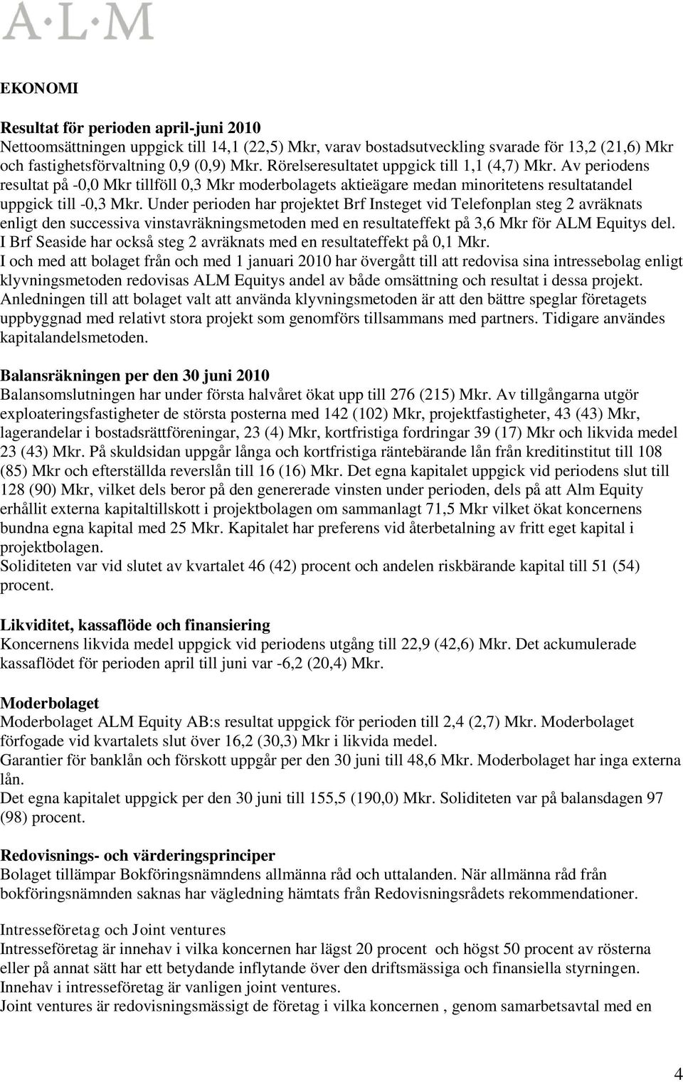 Under perioden har projektet Brf Insteget vid Telefonplan steg 2 avräknats enligt den successiva vinstavräkningsmetoden med en resultateffekt på 3,6 Mkr för ALM Equitys del.