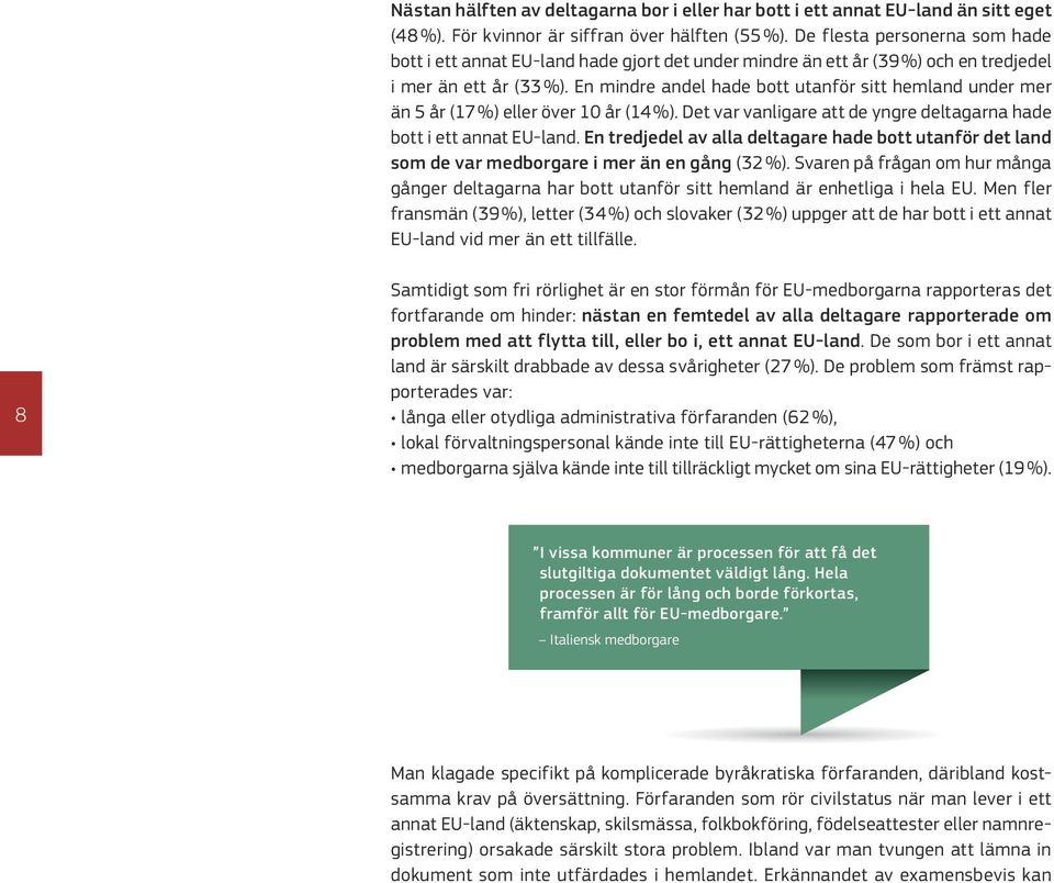 En mindre andel hade bott utanför sitt hemland under mer än 5 år (17 %) eller över 10 år (14 %). Det var vanligare att de yngre deltagarna hade bott i ett annat EU-land.