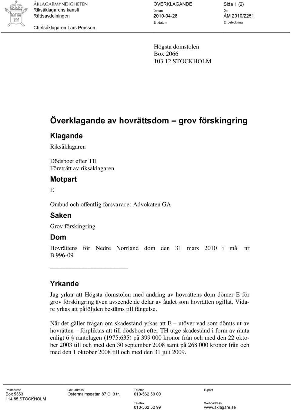 den 31 mars 2010 i mål nr B 996-09 Yrkande Jag yrkar att Högsta domstolen med ändring av hovrättens dom dömer E för grov förskingring även avseende de delar av åtalet som hovrätten ogillat.