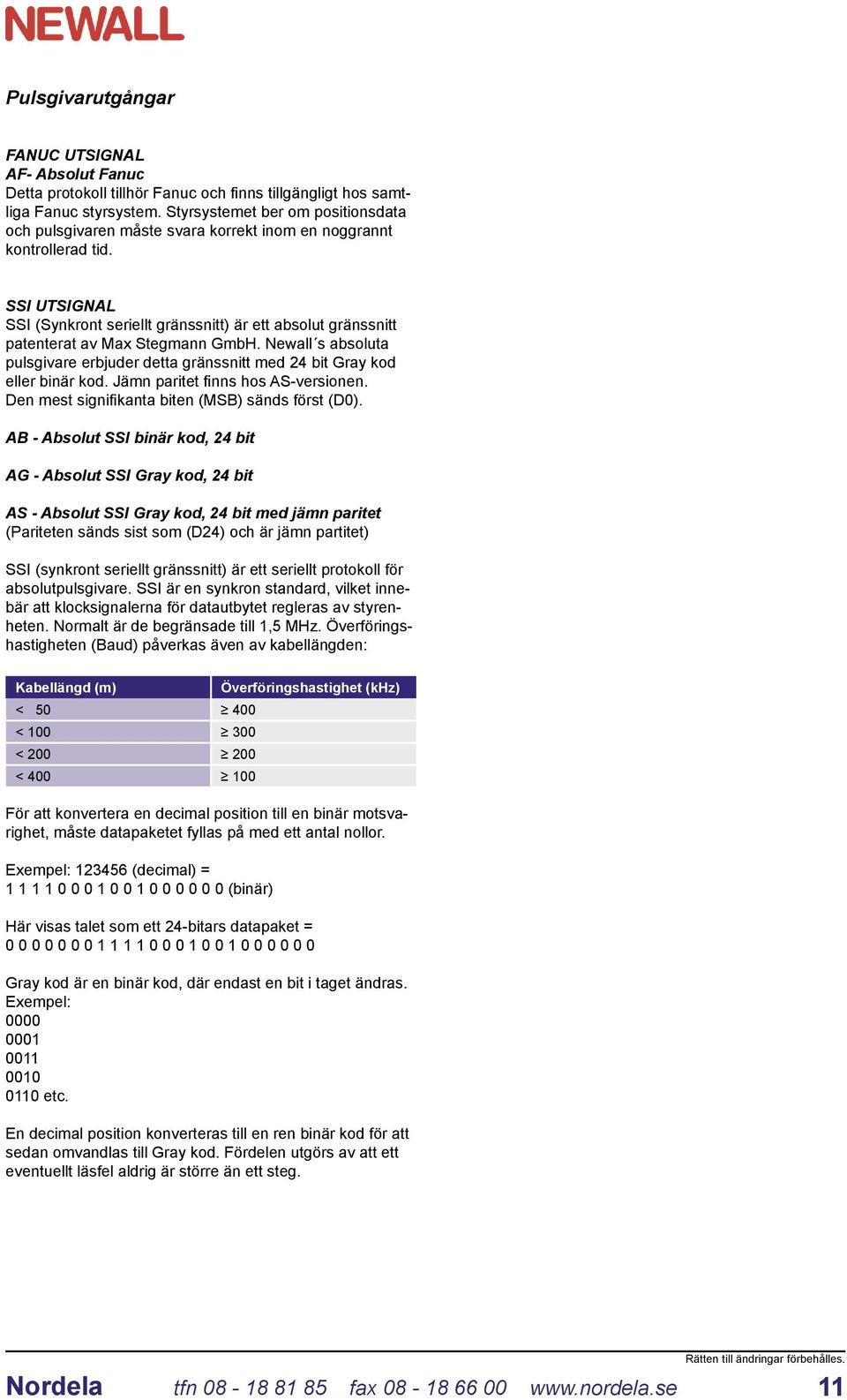 SSI UTSIGNAL SSI (Synkront seriellt gränssnitt) är ett absolut gränssnitt patenterat av Max Stegmann GmbH. Newall s absoluta pulsgivare erbjuder detta gränssnitt med 24 bit Gray kod eller binär kod.