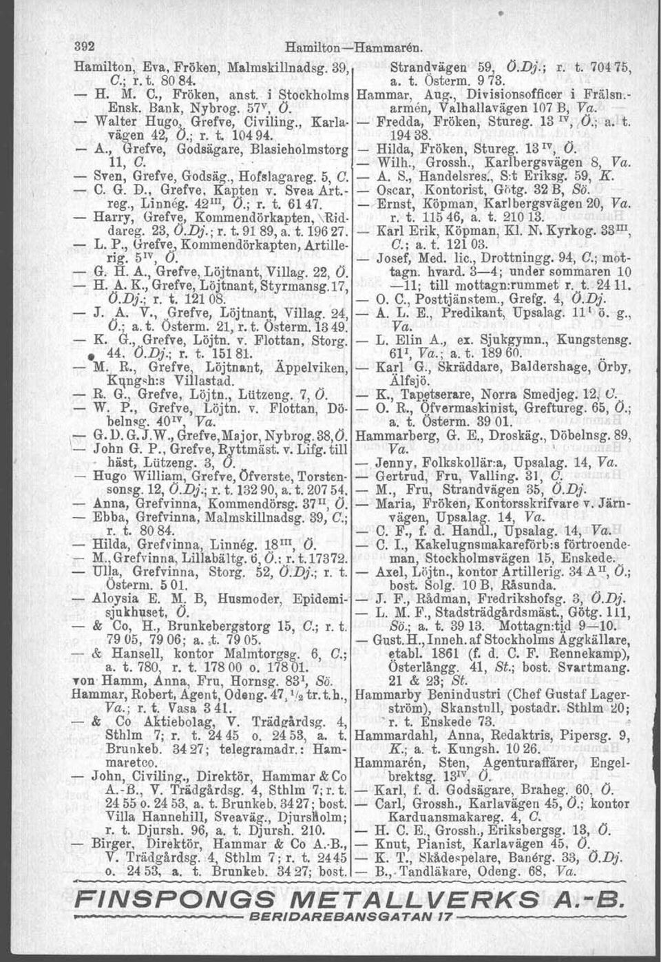 10494.,, 19438. ". A., Grefve,Godliägare, Blasieholmstorg Hilda, Fröken, Stureg. 13 IV, O., 11, D. " ' '.' ' Wilh., Grossh., Kartbergsvägen 8, Va. ~ Sven, Grefve, Godsäg., Hofslagareg, 5 O. A. S., Handelsres.