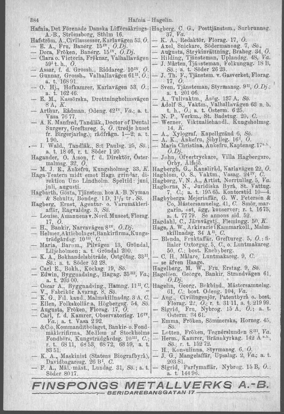 Victoria, Fr~knar, 'Valhållavägetl Hilding, "'fjansteman, Uplandsg. 48, "ria. ".' 59 I t. h., Ö.' " 'I' J. Mårten, Tjä[lsteman, 'Fnlkungag,,18 B,,. Assat, f. d.. Grossh., Riddareg..10" V, O. Sä.