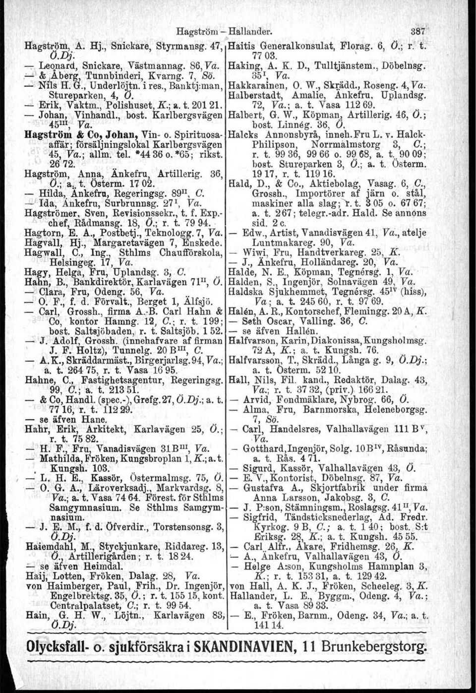 O. W;, Sk:r.ll.dd.,Ro.seng.4,V 11::: ;1.',~~ufep~r~eB,:4,'.V.;..<tr '.. Halberstadt,. Amalie, Ankefru, Uplandsg. EnK, V'aktm,.,Pohshuset, K.,It.t. 20121.. 72, Va., a. t. Vasa 11269...... _ Johan.:...Virrhand:l.