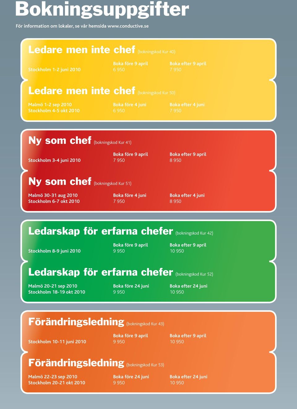 50) Malmö 1-2 sep 2010 Boka före 4 juni Boka efter 4 juni Stockholm Malmö 1-2 4-5 feb 2011 okt 2010 6 Boka 950 före 26 nov 7 Boka 950 efter 26 nov Stockholm 14-15 feb 2011 5 950 6 950 Ny som chef