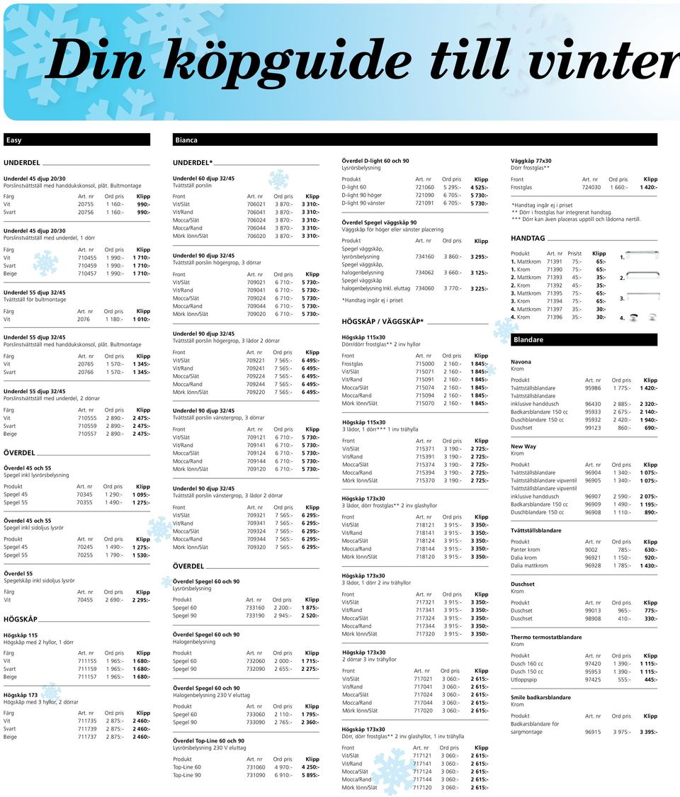 2076 1 180:- 990:- 990:- 1 010:- Underdel 60 djup 32/45 Tvättställ porslin /Slät /Rand Tvättställ porslin högergrop, 3 dörrar /Slät /Rand 706021 3 870:- 706041 3 870:- 706024 3 870:- 706044 3 870:-