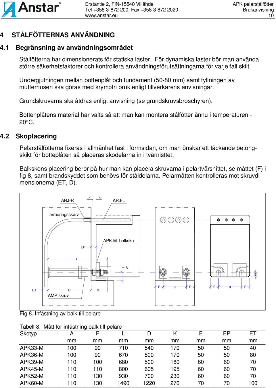 Undergjutningen mellan bottenplåt och fundament (50-80 mm) samt fyllningen av mutterhusen ska göras med krympfri bruk enligt tillverkarens anvisningar.