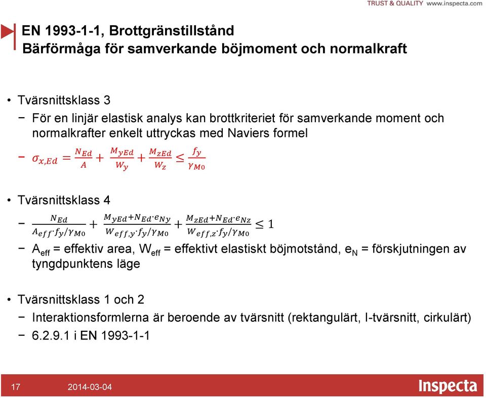 M0 + M yed+n Ed e Ny W eff,y f y /γ M0 + M zed+n Ed e Nz W eff,z f y /γ M0 1 A eff = effektiv area, W eff = effektivt elastiskt böjmotstånd, e N =