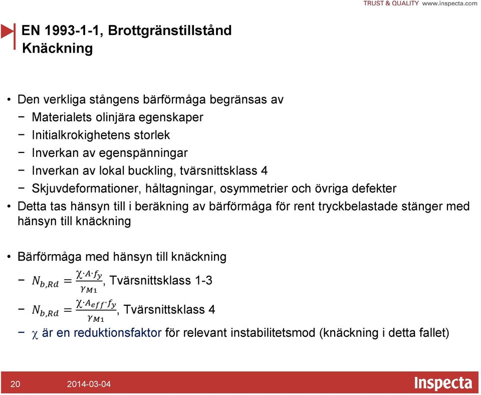 hänsyn till i beräkning av bärförmåga för rent tryckbelastade stänger med hänsyn till knäckning Bärförmåga med hänsyn till knäckning N b,rd = A f y γ