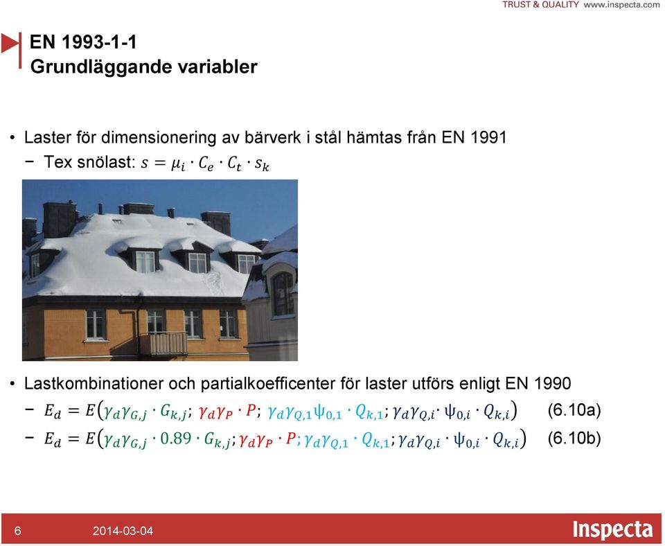 enligt EN 1990 E d = E γ d γ G,j G k,j ; γ d γ P P; γ d γ Q,1 ψ 0,1 Q k,1 ; γ d γ Q,i ψ 0,i Q k,i