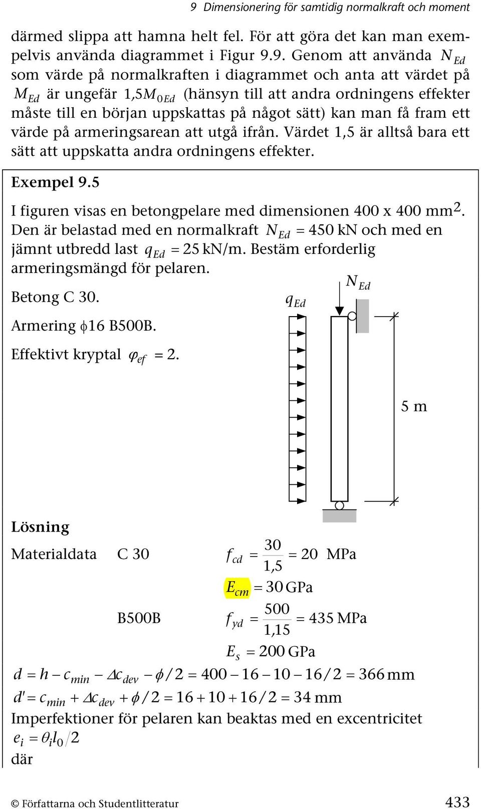 armeringsarean att utgå ifrån. Värdet 1,5 är alltså bara ett sätt att uppskatta andra ordningens effekter. Exempel 9.5 I figuren visas en betongpelare med dimensionen 400 x 400 mm.