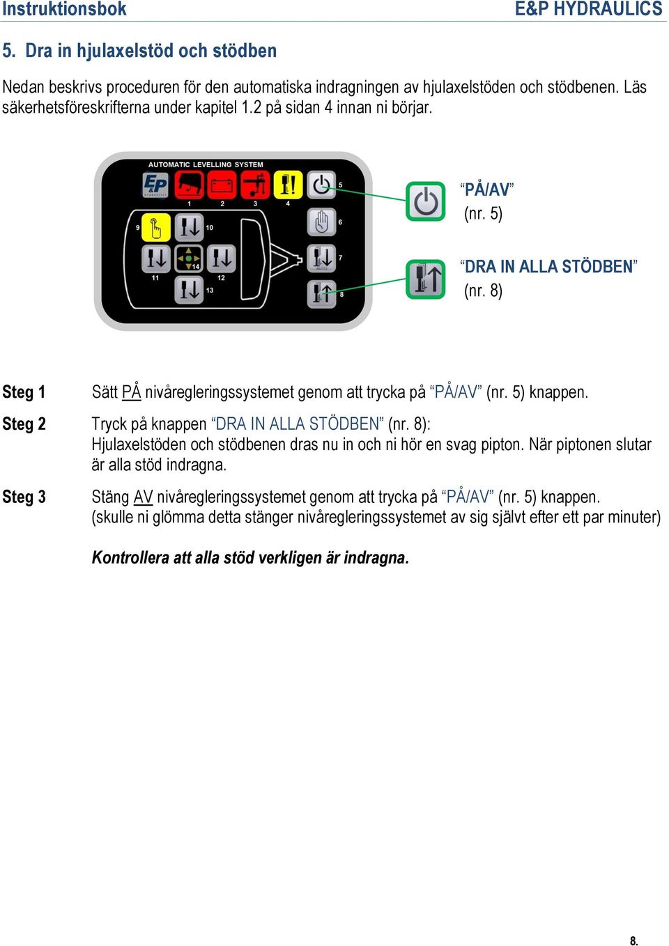 Steg 2 Tryck på knappen DRA IN ALLA STÖDBEN (nr. 8): Hjulaxelstöden och stödbenen dras nu in och ni hör en svag pipton. När piptonen slutar är alla stöd indragna.