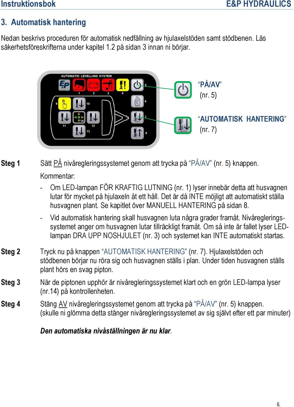 1) lyser innebär detta att husvagnen lutar för mycket på hjulaxeln åt ett håll. Det är då INTE möjligt att automatiskt ställa husvagnen plant. Se kapitlet över MANUELL HANTERING på sidan 8.