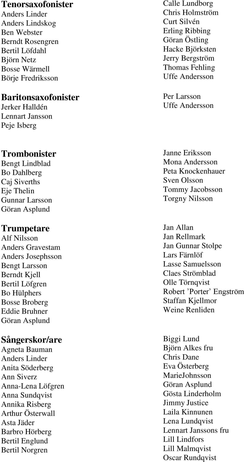 Dahlberg Caj Siverths Eje Thelin Gunnar Larsson Göran Asplund Trumpetare Alf Nilsson Anders Gravestam Anders Josephsson Bengt Larsson Berndt Kjell Bertil Löfgren Bo Hülphers Bosse Broberg Eddie
