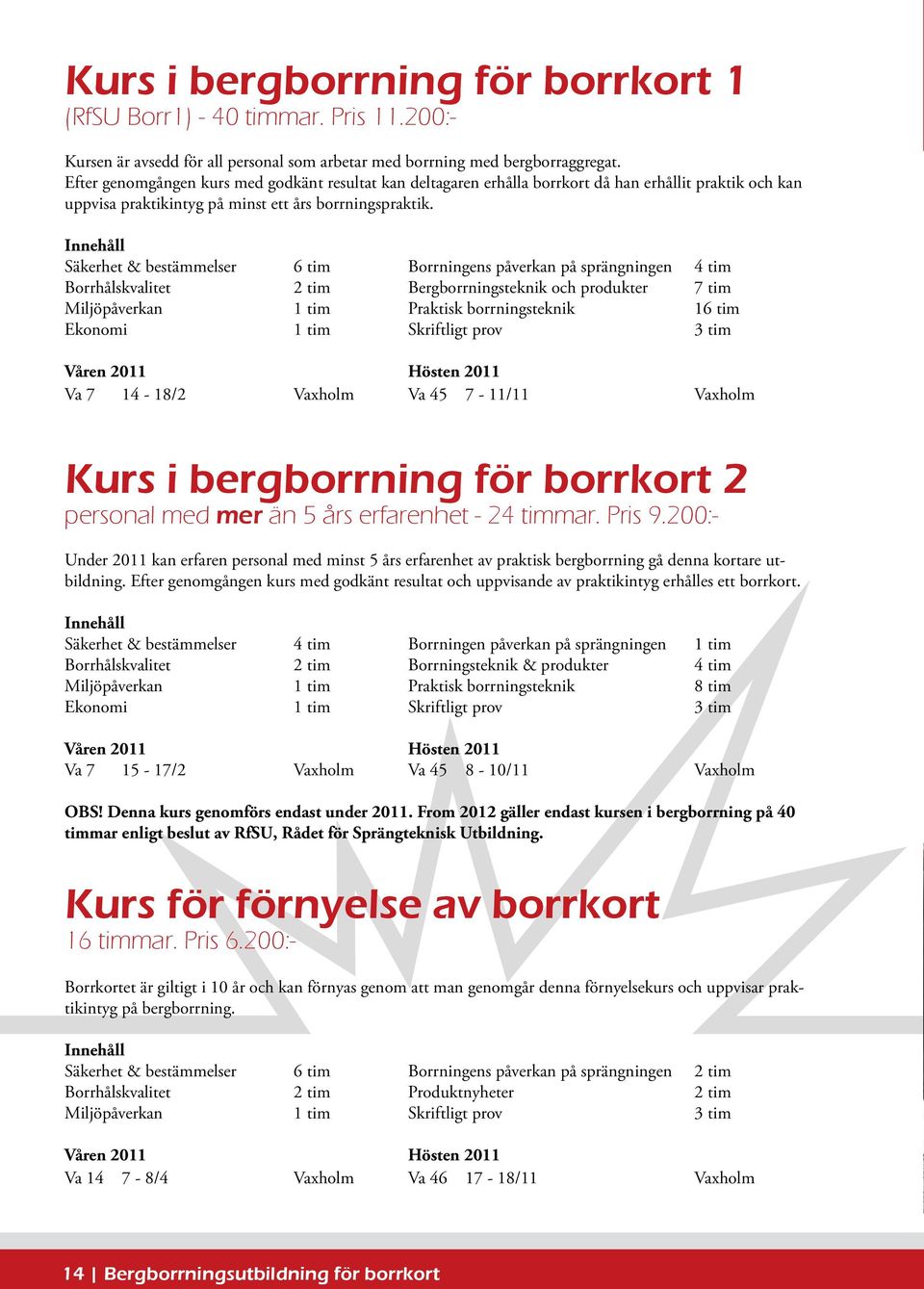 Säkerhet & bestämmelser 6 tim Borrningens påverkan på sprängningen 4 tim Borrhålskvalitet 2 tim Bergborrningsteknik och produkter 7 tim Miljöpåverkan 1 tim Praktisk borrningsteknik 16 tim Ekonomi 1