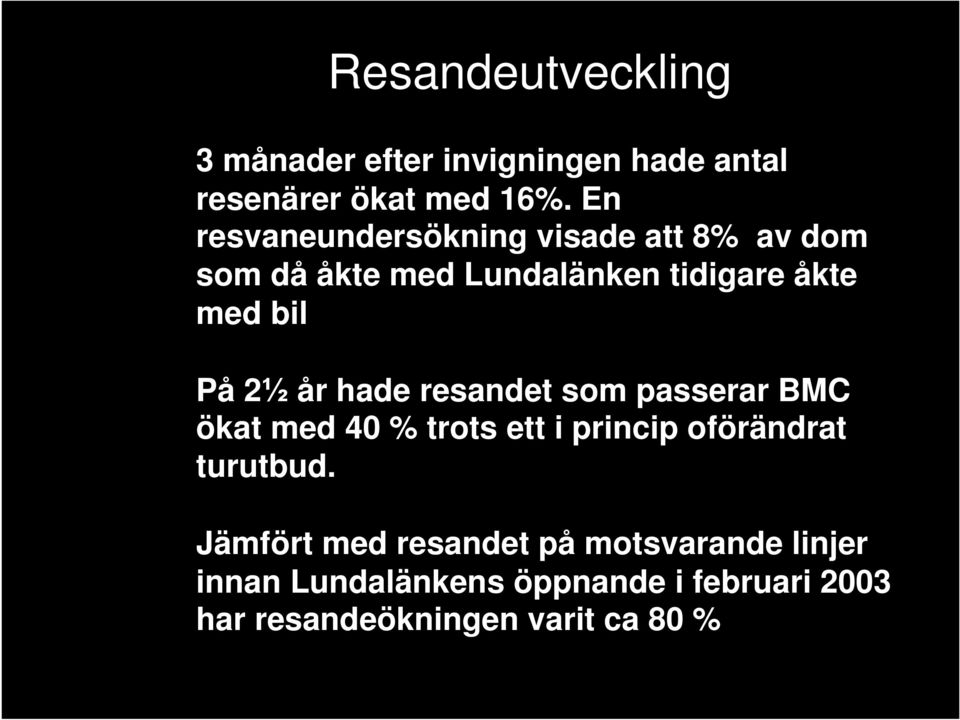 2½ år hade resandet som passerar BMC ökat med 40 % trots ett i princip oförändrat turutbud.