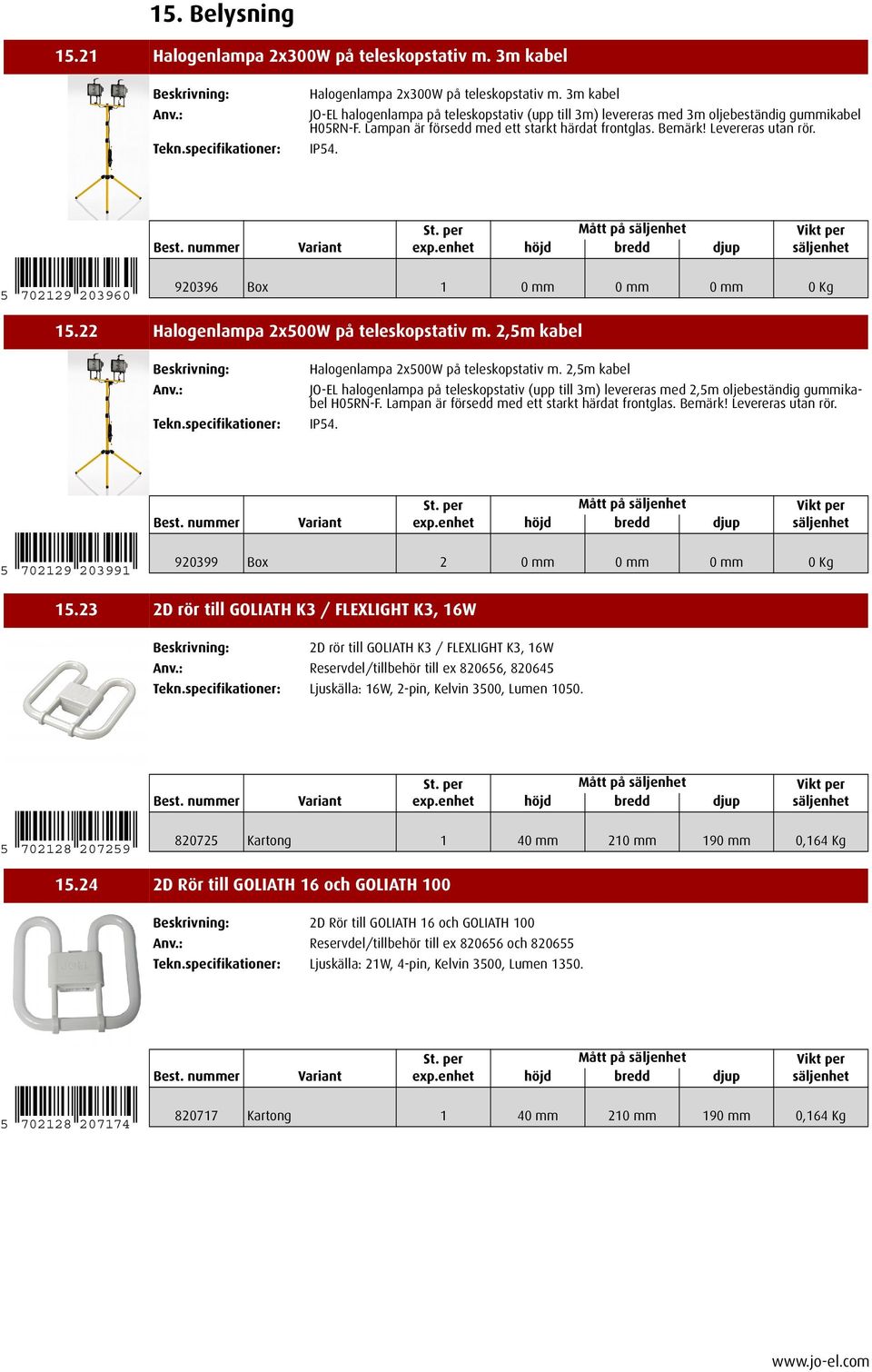 22 Halogenlampa 2x500W på teleskopstativ m. 2,5m kabel Halogenlampa 2x500W på teleskopstativ m.