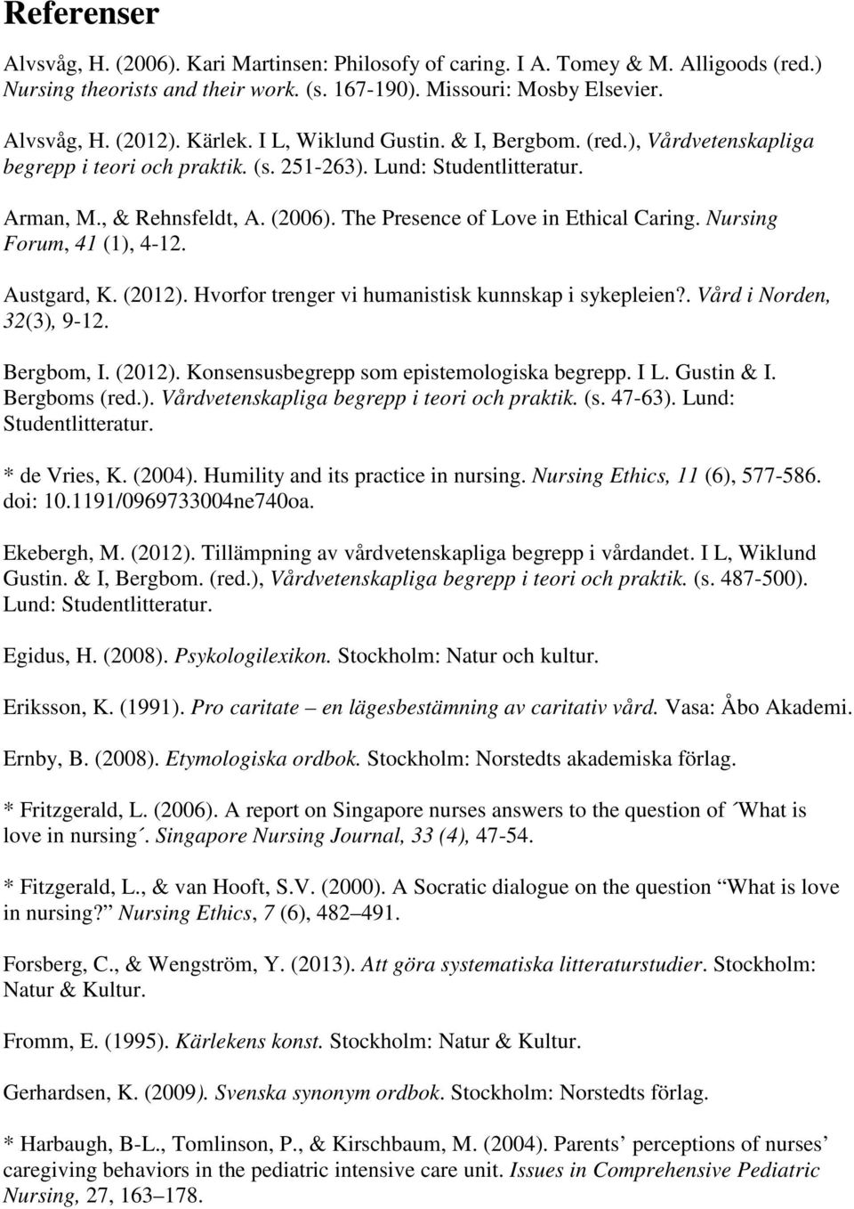 The Presence of Love in Ethical Caring. Nursing Forum, 41 (1), 4-12. Austgard, K. (2012). Hvorfor trenger vi humanistisk kunnskap i sykepleien?. Vård i Norden, 32(3), 9-12. Bergbom, I. (2012). Konsensusbegrepp som epistemologiska begrepp.