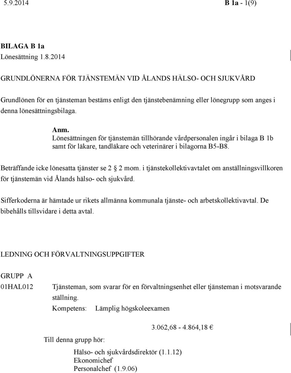 Lönesättningen för tjänstemän tillhörande vårdpersonalen ingår i bilaga B 1b samt för läkare, tandläkare och veterinärer i bilagorna B5-B8. Beträffande icke lönesatta tjänster se 2 2 mom.