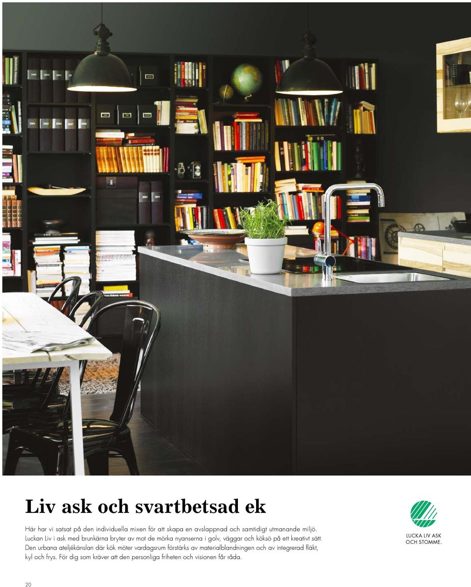 Luckan Liv i ask med brunkärna bryter av mot de mörka nyanserna i golv, väggar och köksö på ett kreativt sätt.