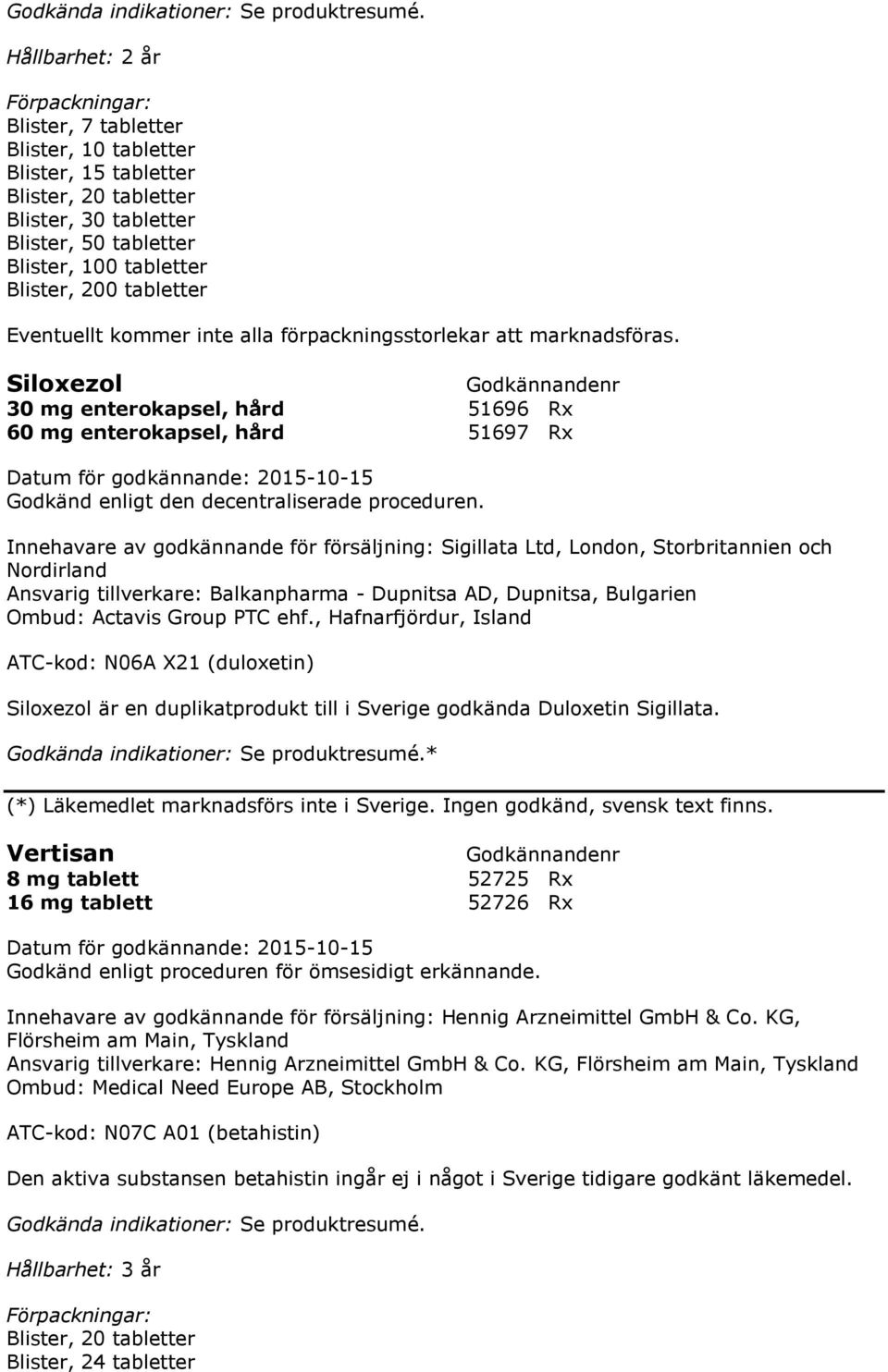 enterokapsel, hård 51696 Rx 60 mg enterokapsel, hård 51697 Rx Innehavare av godkännande för försäljning: Sigillata Ltd, London, Storbritannien och Nordirland Ansvarig tillverkare: Balkanpharma -