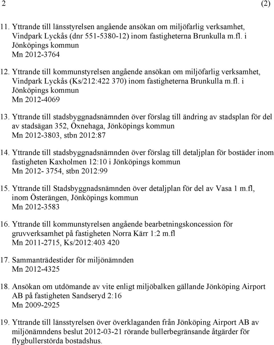 Yttrande till stadsbyggnadsnämnden över förslag till ändring av stadsplan för del av stadsägan 352, Öxnehaga, s kommun Mn 2012-3803, stbn 2012:87 14.