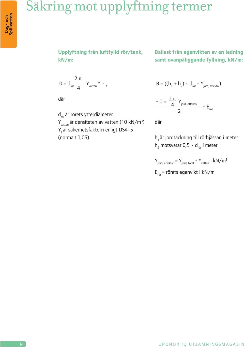 Y vatten är densiteten av vatten (10 kn/m 3 ) Y f är säkerhetsfaktorn enligt DS415 (normalt 1,05) B = ((h 1 + h 2 ) d rör Y jord, effektiv ) - 0 = 2