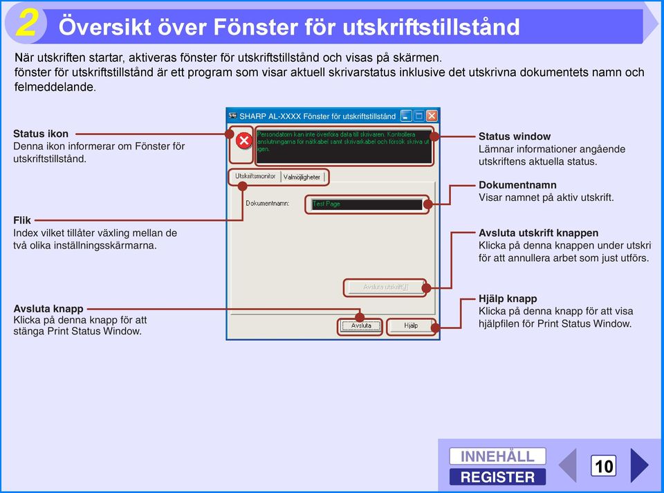 SHARP AL-XXXX Fönster för utskriftstillstånd Status ikon Denna ikon informerar om Fönster för utskriftstillstånd. Status window Lämnar informationer angående utskriftens aktuella status.