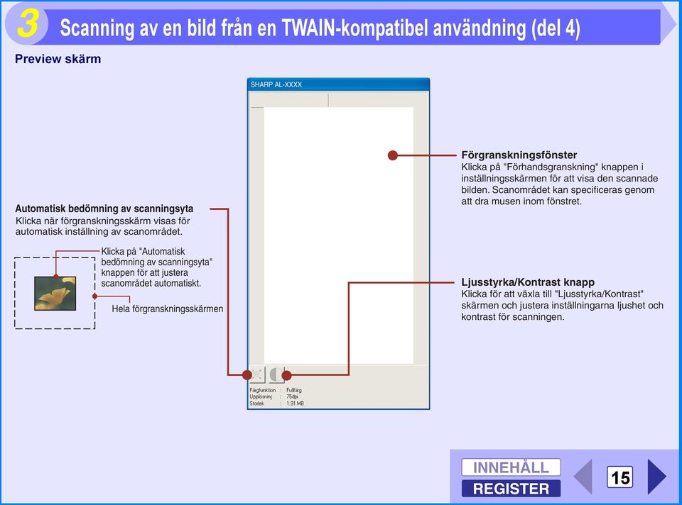 Hela förgranskningsskärmen Förgranskningsfönster Klicka på "Förhandsgranskning" knappen i inställningsskärmen för att visa den scannade bilden.