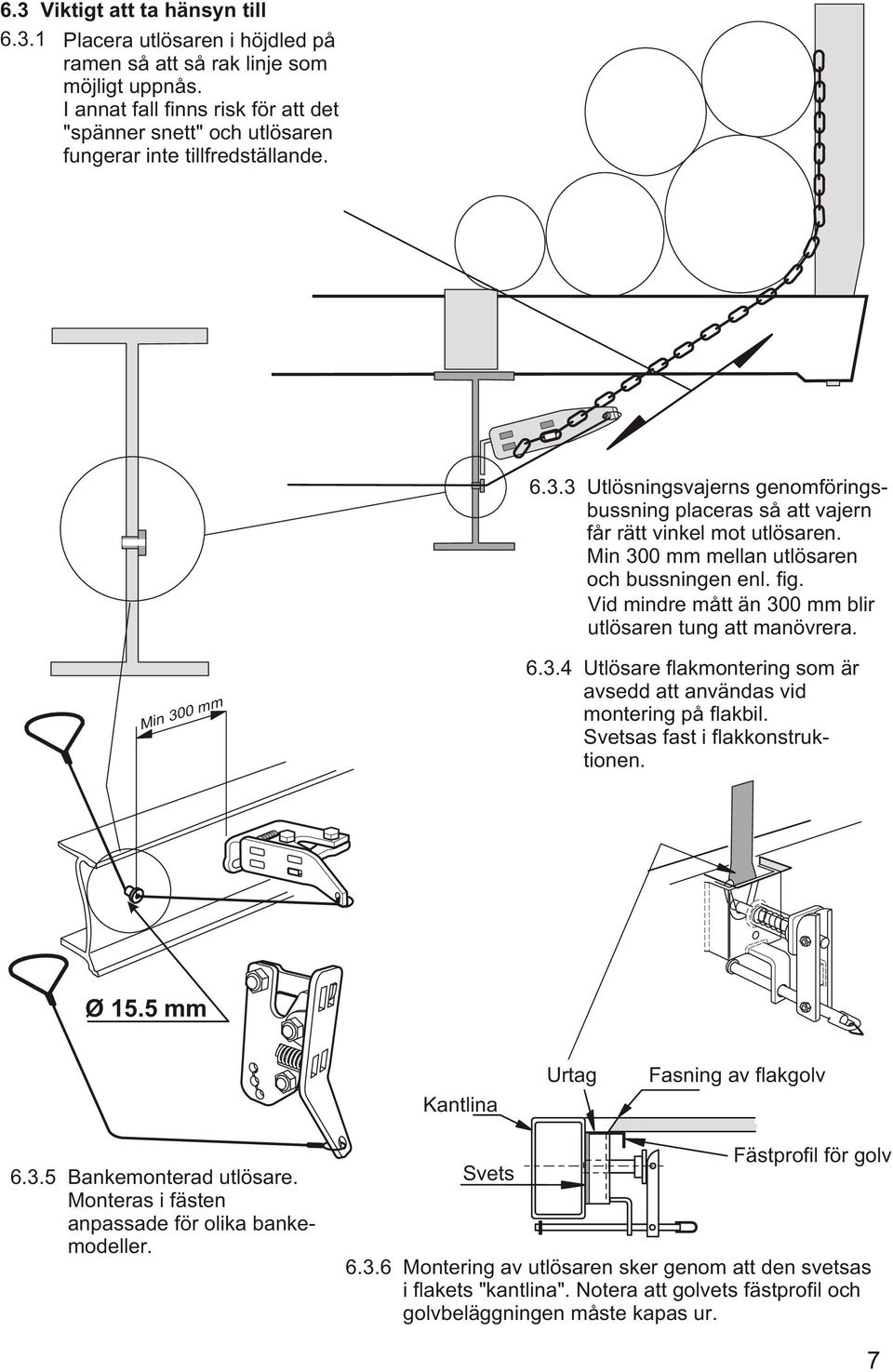 Min 300 mm mellan utlösaren och bussningen enl. fig. Vid mindre mått än 300 mm blir utlösaren tung att manövrera. Min 300 mm 6.3.4 Utlösare flakmontering som är avsedd att användas vid montering på flakbil.