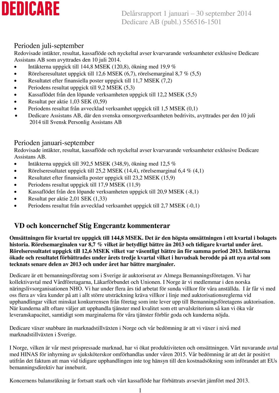 (7,2) Periodens resultat uppgick till 9,2 MSEK (5,3) Kassaflödet från den löpande verksamheten uppgick till 12,2 MSEK (5,5) Resultat per aktie 1,03 SEK (0,59) Periodens resultat från avvecklad
