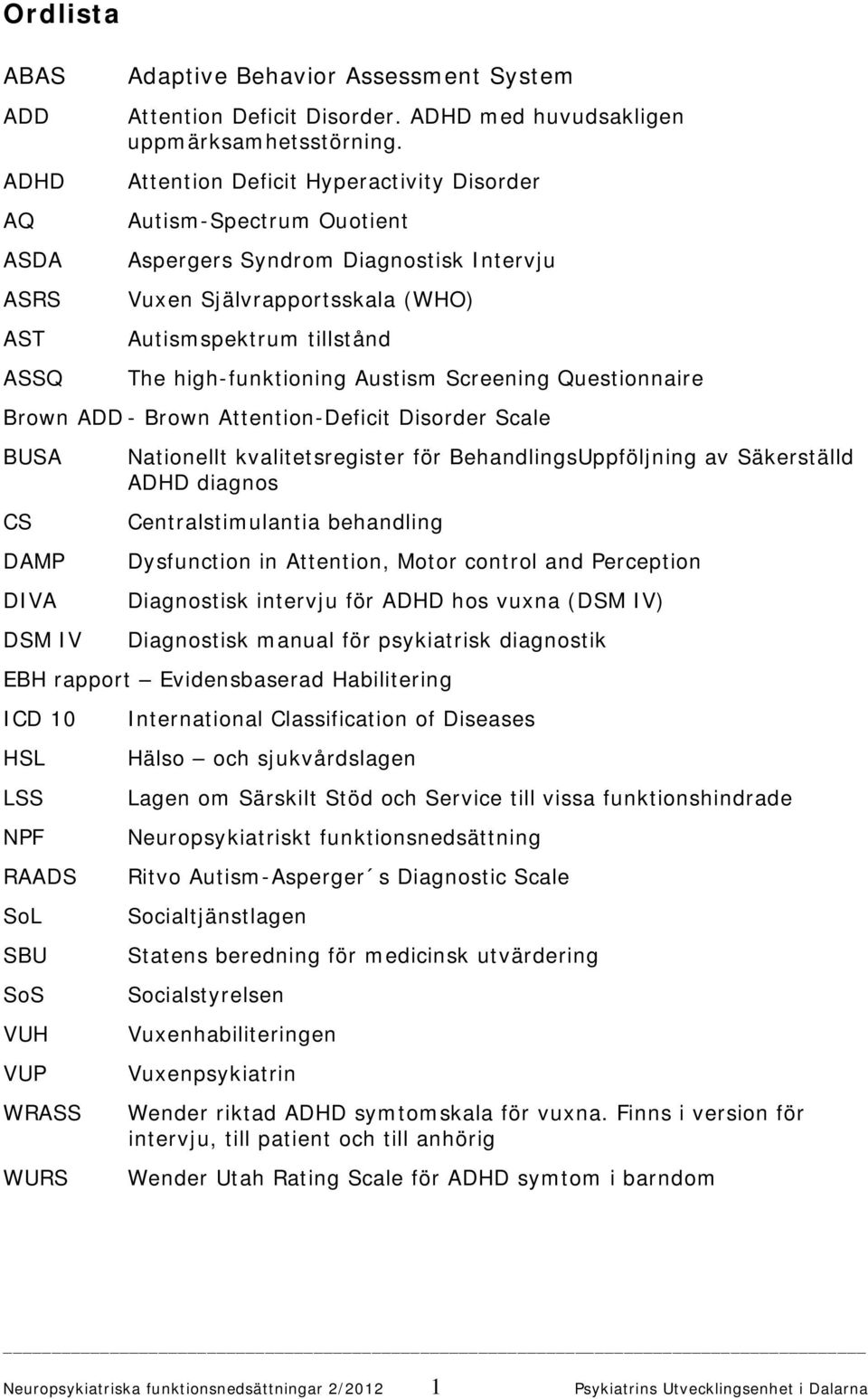 Questionnaire Brown ADD - Brown Attention-Deficit Disorder Scale BUSA CS DAMP DIVA DSM IV Nationellt kvalitetsregister för BehandlingsUppföljning av Säkerställd ADHD diagnos Centralstimulantia