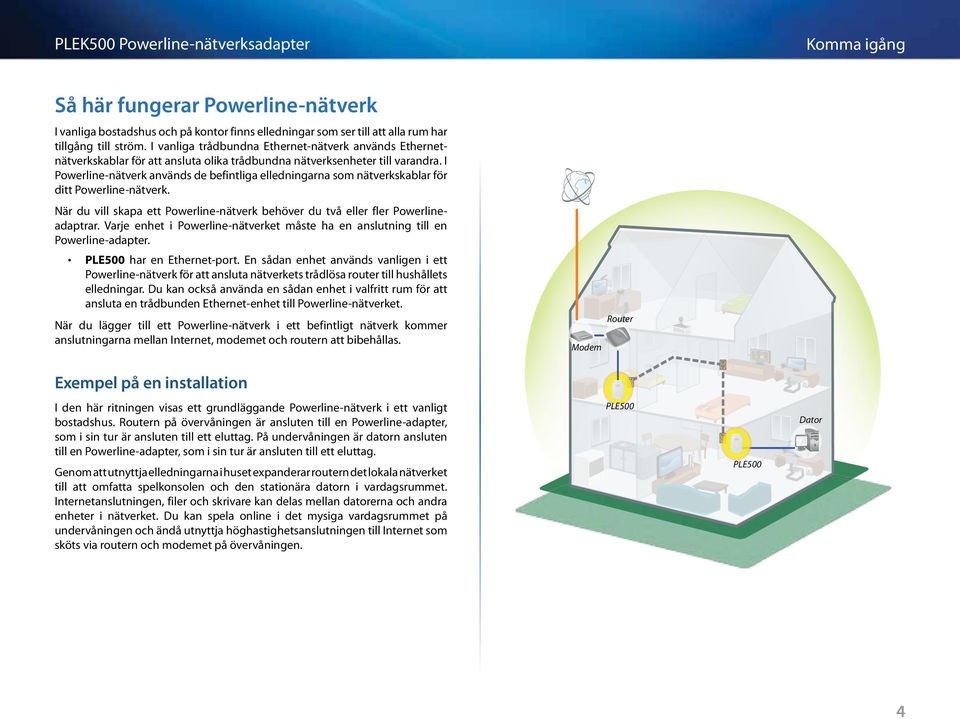 I Powerline-nätverk används de befintliga elledningarna som nätverkskablar för ditt Powerline-nätverk. När du vill skapa ett Powerline-nätverk behöver du två eller fler Powerlineadaptrar.