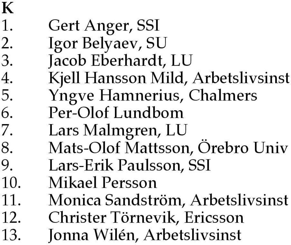 Lars Malmgren, LU 8. Mats-Olof Mattsson, Örebro Univ 9. Lars-Erik Paulsson, SSI 10.