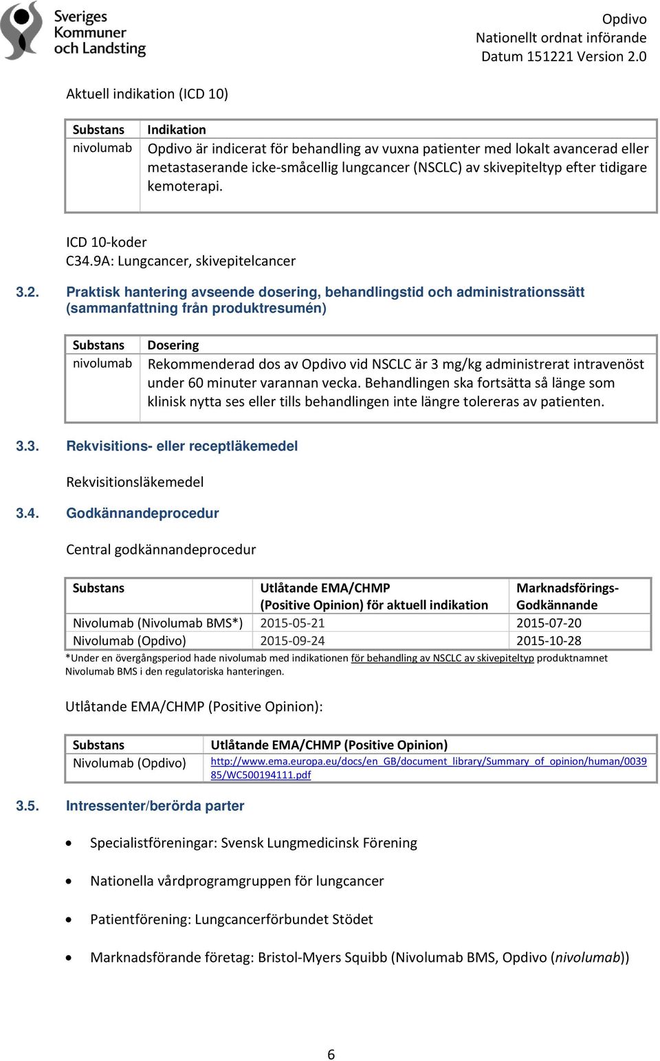 Praktisk hantering avseende dosering, behandlingstid och administrationssätt (sammanfattning från produktresumén) Substans nivolumab Dosering Rekommenderad dos av Opdivo vid NSCLC är 3 mg/kg