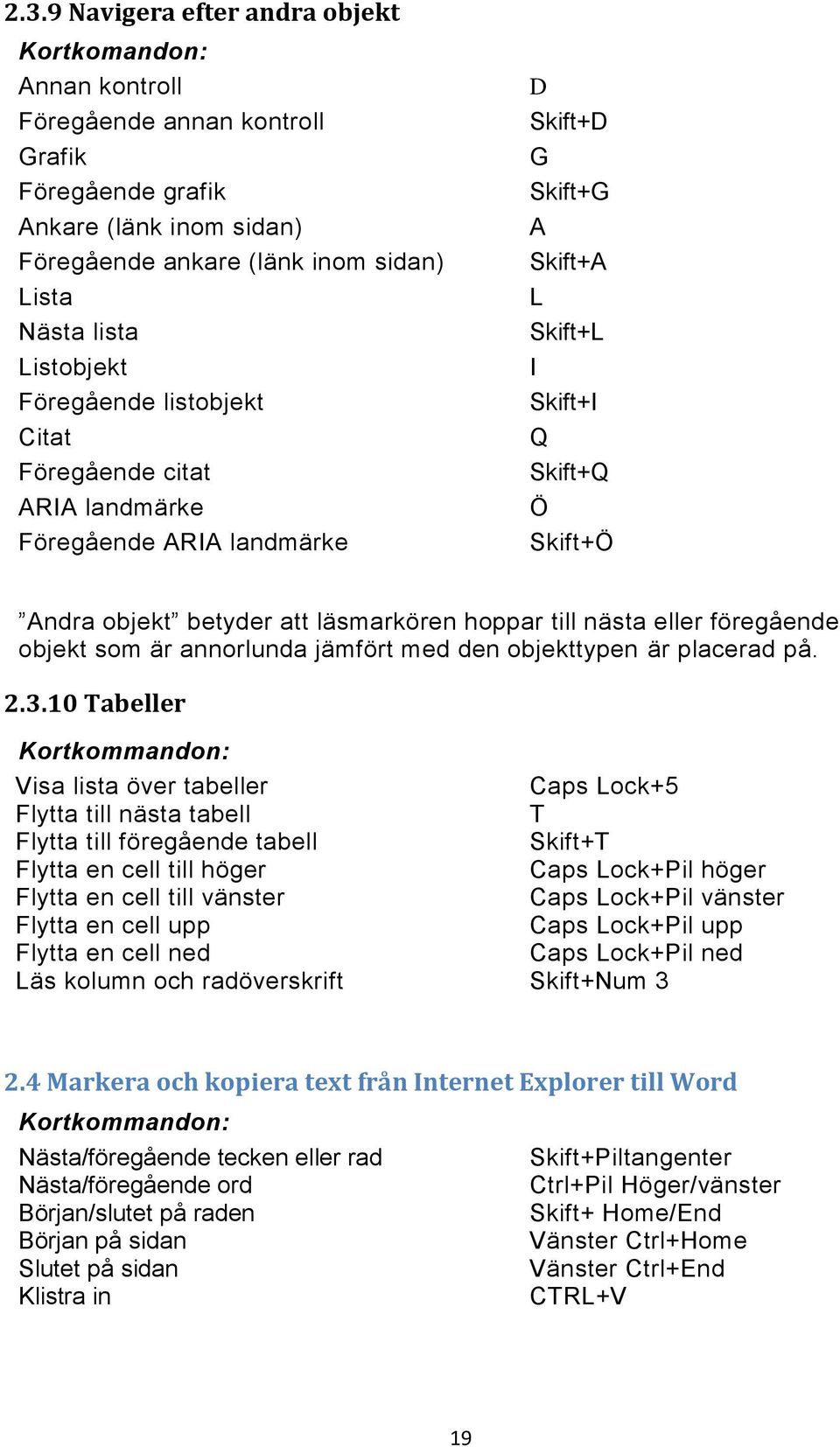 läsmarkören hoppar till nästa eller föregående objekt som är annorlunda jämfört med den objekttypen är placerad på. 2.3.