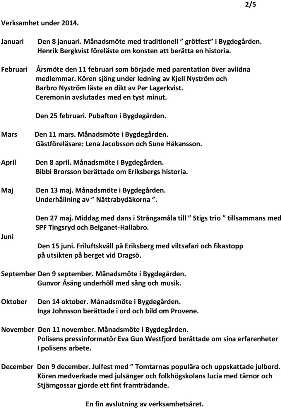 Ceremonin avslutades med en tyst minut. Den 25 februari. Pubafton i Bygdegården. Mars April Maj Juni Den 11 mars. Månadsmöte i Bygdegården. Gästföreläsare: Lena Jacobsson och Sune Håkansson.