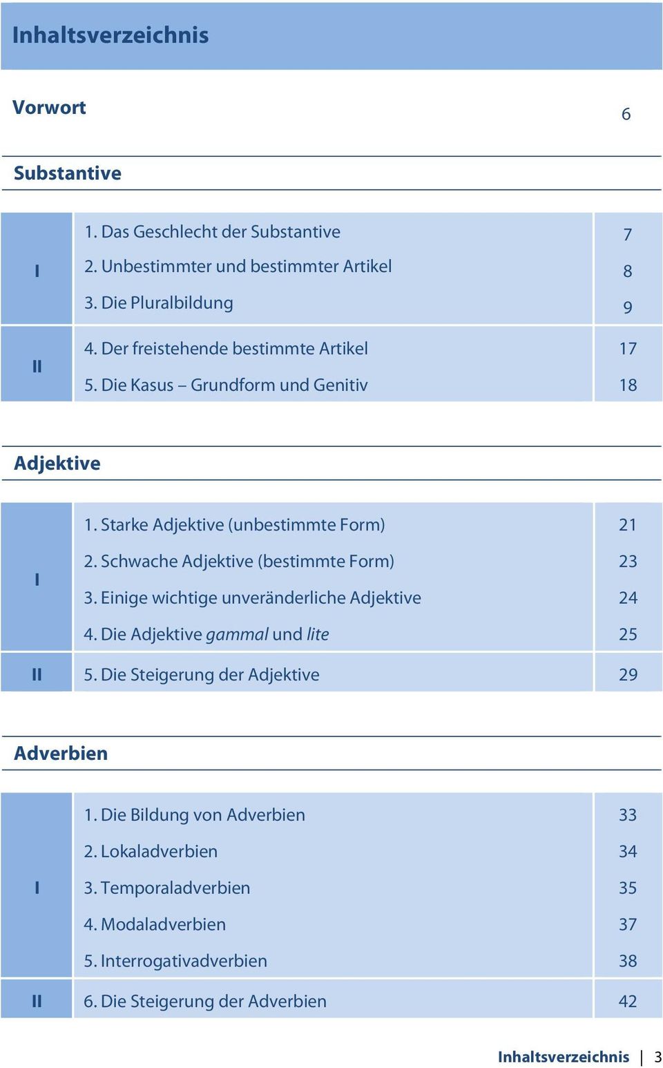 Schwache Adjektive (bestimmte Form) 3. Einige wichtige unveränderliche Adjektive 4. Die Adjektive gammal und lite 21 23 24 25 II 5.