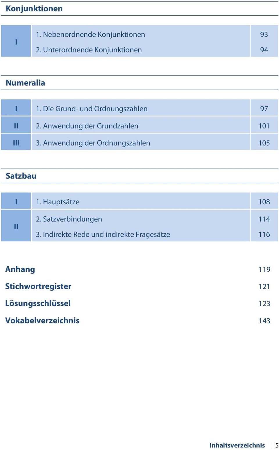 Anwendung der Ordnungszahlen 105 Satzbau I 1. Hauptsätze 108 II 2. Satzverbindungen 3.