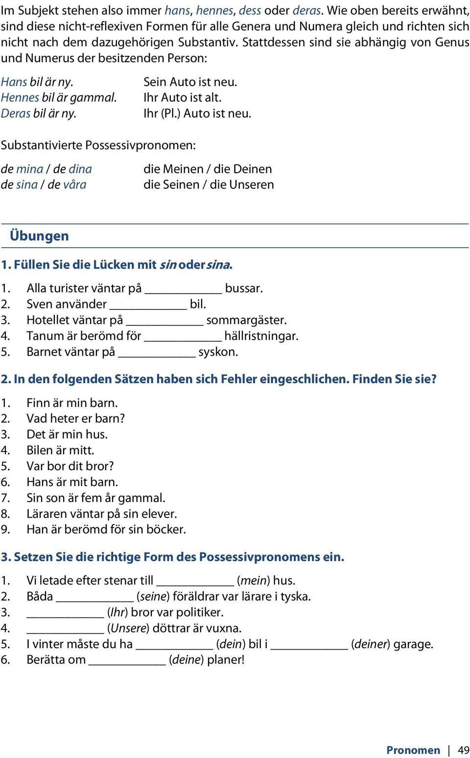 Stattdessen sind sie abhängig von Genus und Numerus der besitzenden Person: Hans bil är ny. Sein Auto ist neu. Hennes bil är gammal. Ihr Auto ist alt. Deras bil är ny. Ihr (Pl.) Auto ist neu.