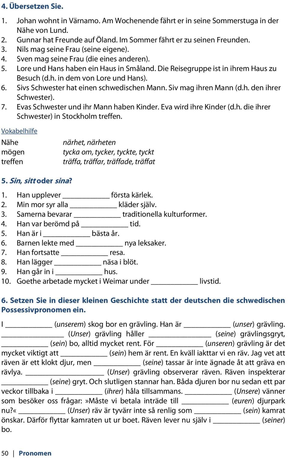 6. Sivs Schwester hat einen schwedischen Mann. Siv mag ihren Mann (d.h. den ihrer Schwester). 7. Evas Schwester und ihr Mann haben Kinder. Eva wird ihre Kinder (d.h. die ihrer Schwester) in Stockholm treffen.