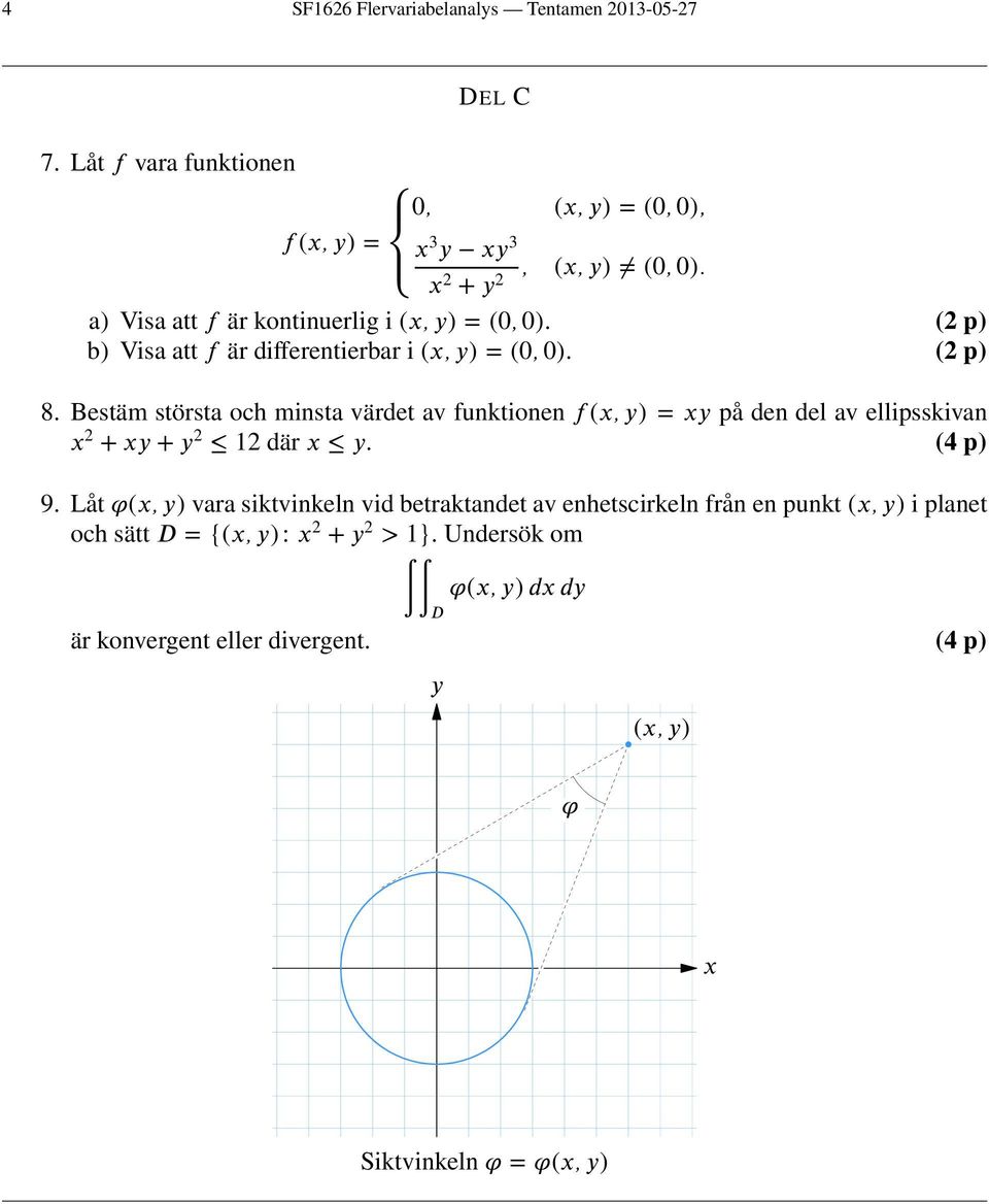 Bestäm största och minsta värdet av funktionen f(x, y) = xy på den del av ellipsskivan x 2 + xy + y 2 2 där x y. (4 p) 9.