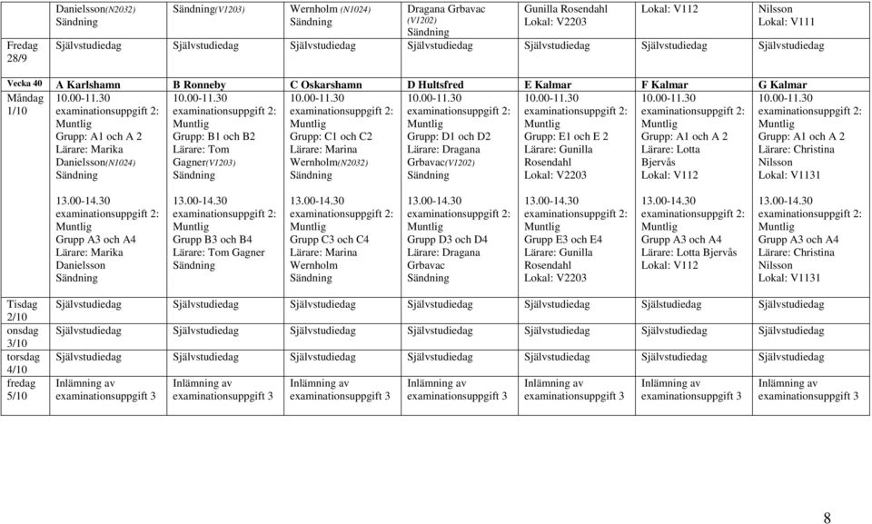 A1 och A 2 Lärare: Lotta Bjervås Grupp: A1 och A 2 Lokal: V1131 Grupp A3 och A4 Danielsson Grupp B3 och B4 Lärare: Tom Gagner Grupp C3 och C4 Wernholm Grupp D3 och D4 Lärare: Dragana Grbavac Grupp E3