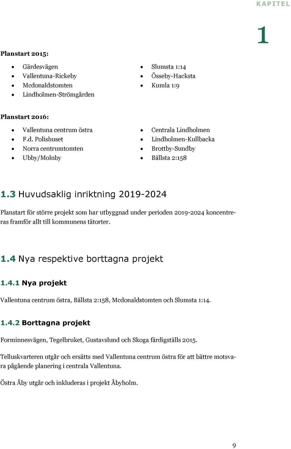 1.4. Borttagna projekt Forminnesvägen, Tegelbruket, Gustavslund och Skoga färdigställs 015.
