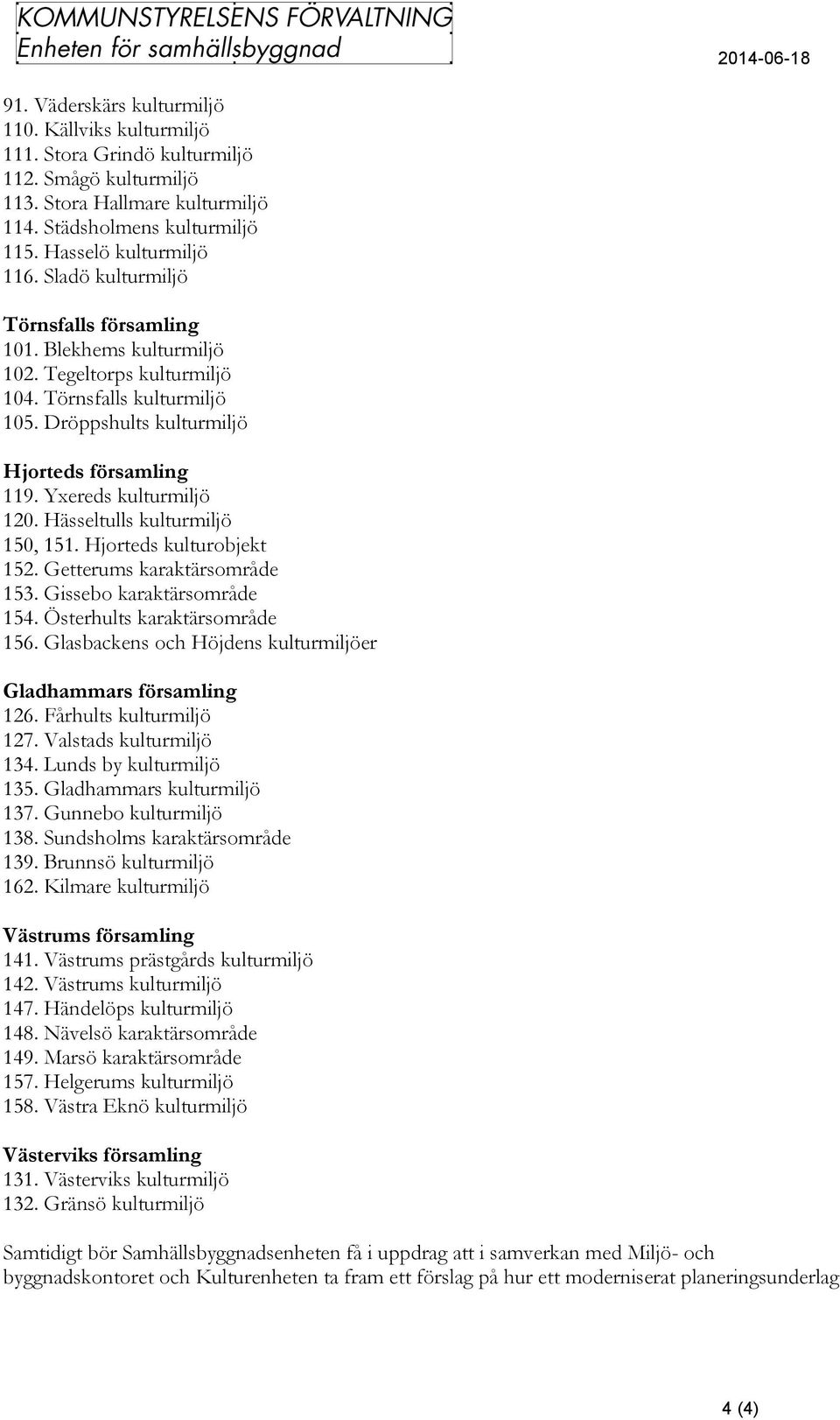 Hässeltulls kulturmiljö 150, 151. Hjorteds kulturobjekt 152. Getterums karaktärsområde 153. Gissebo karaktärsområde 154. Österhults karaktärsområde 156.