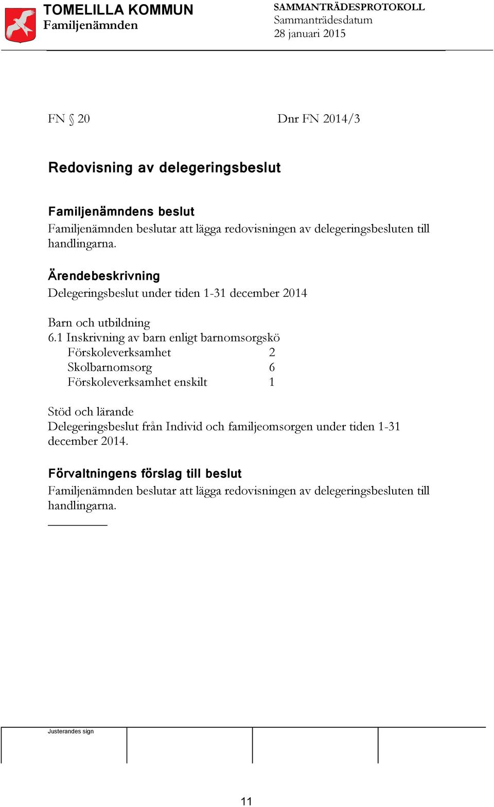 1 Inskrivning av barn enligt barnomsorgskö Förskoleverksamhet 2 Skolbarnomsorg 6 Förskoleverksamhet enskilt 1 Stöd och lärande