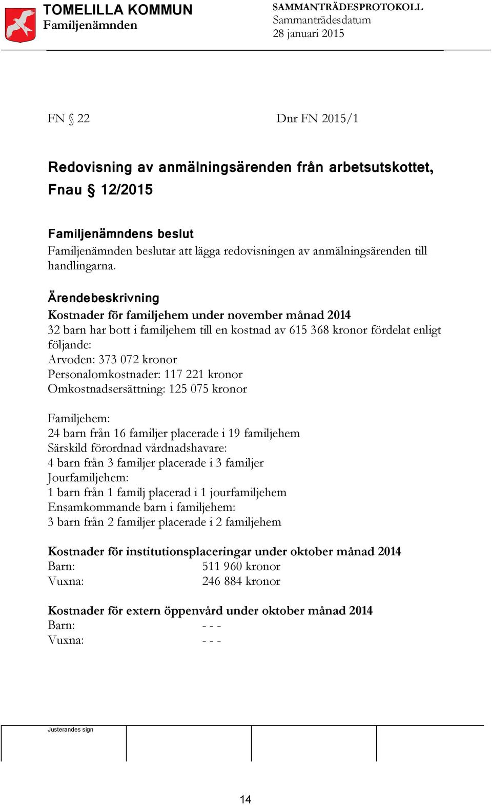 kronor Omkostnadsersättning: 125 075 kronor Familjehem: 24 barn från 16 familjer placerade i 19 familjehem Särskild förordnad vårdnadshavare: 4 barn från 3 familjer placerade i 3 familjer