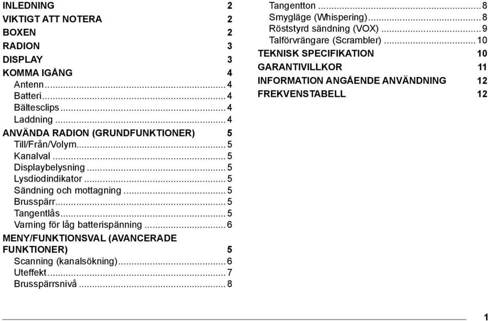 ..5 Tangentlås...5 Varning för låg batterispänning...6 Meny/Funktionsval (Avancerade funktioner) 5 Scanning (kanalsökning)...6 Uteffekt...7 Brusspärrsnivå.