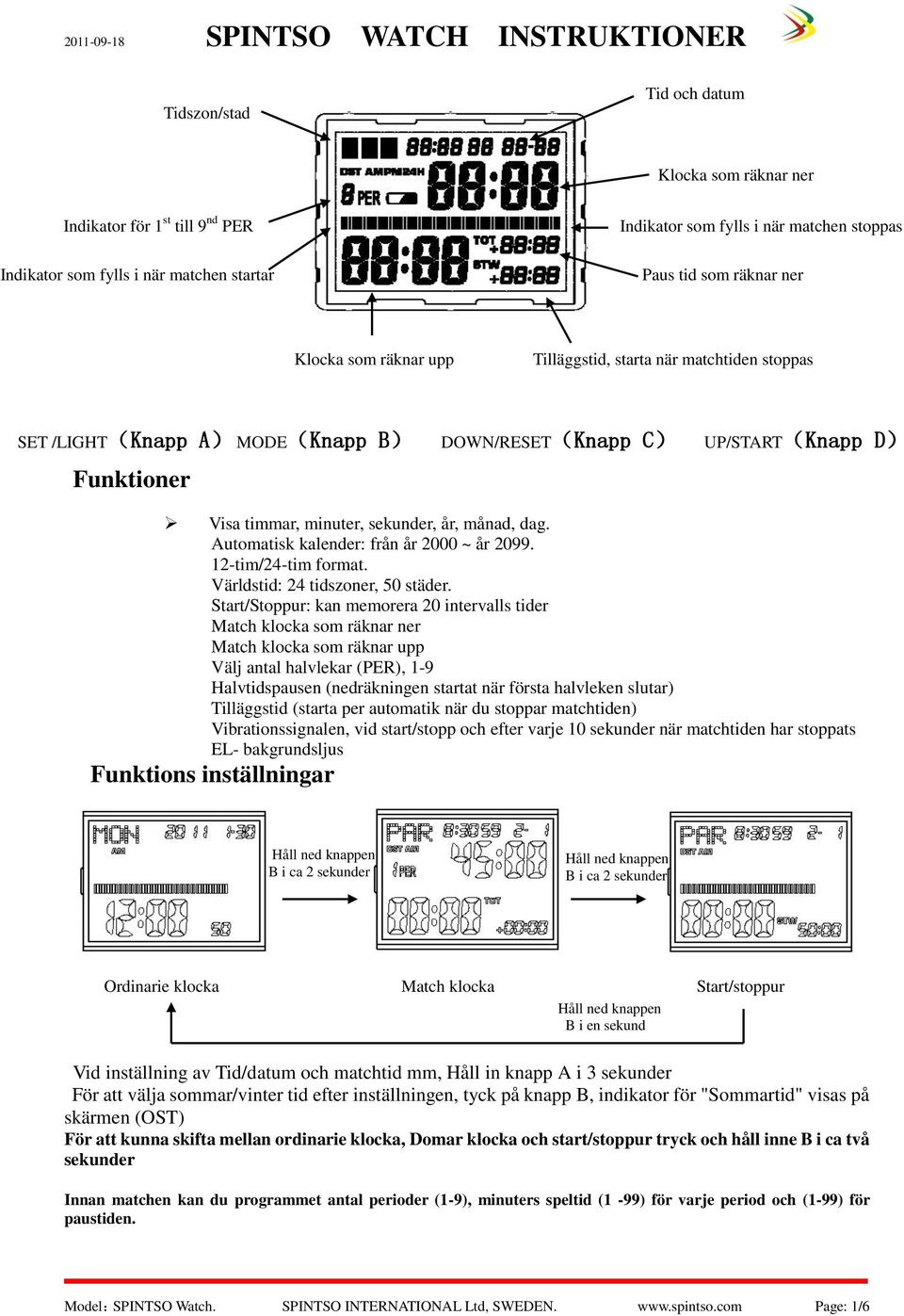 Automatisk kalender: från år 2000 ~ år 2099. 12-tim/24-tim format. Världstid: 24 tidszoner, 50 städer.