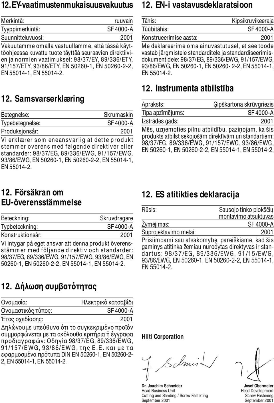 Samsvarserklæring Betegnelse: Skrumaskin Typebetegnelse: SF 4000-A Produksjonsår: 2001 Vi erklærer som eneansvarlig at dette produkt stemmer overens med følgende direktiver eller standarder: